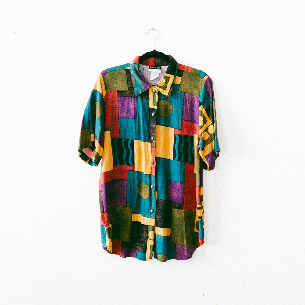 Vintage 80s Caliché Collection Maximalist Art Deco Abstract Blouse – Women’s XL